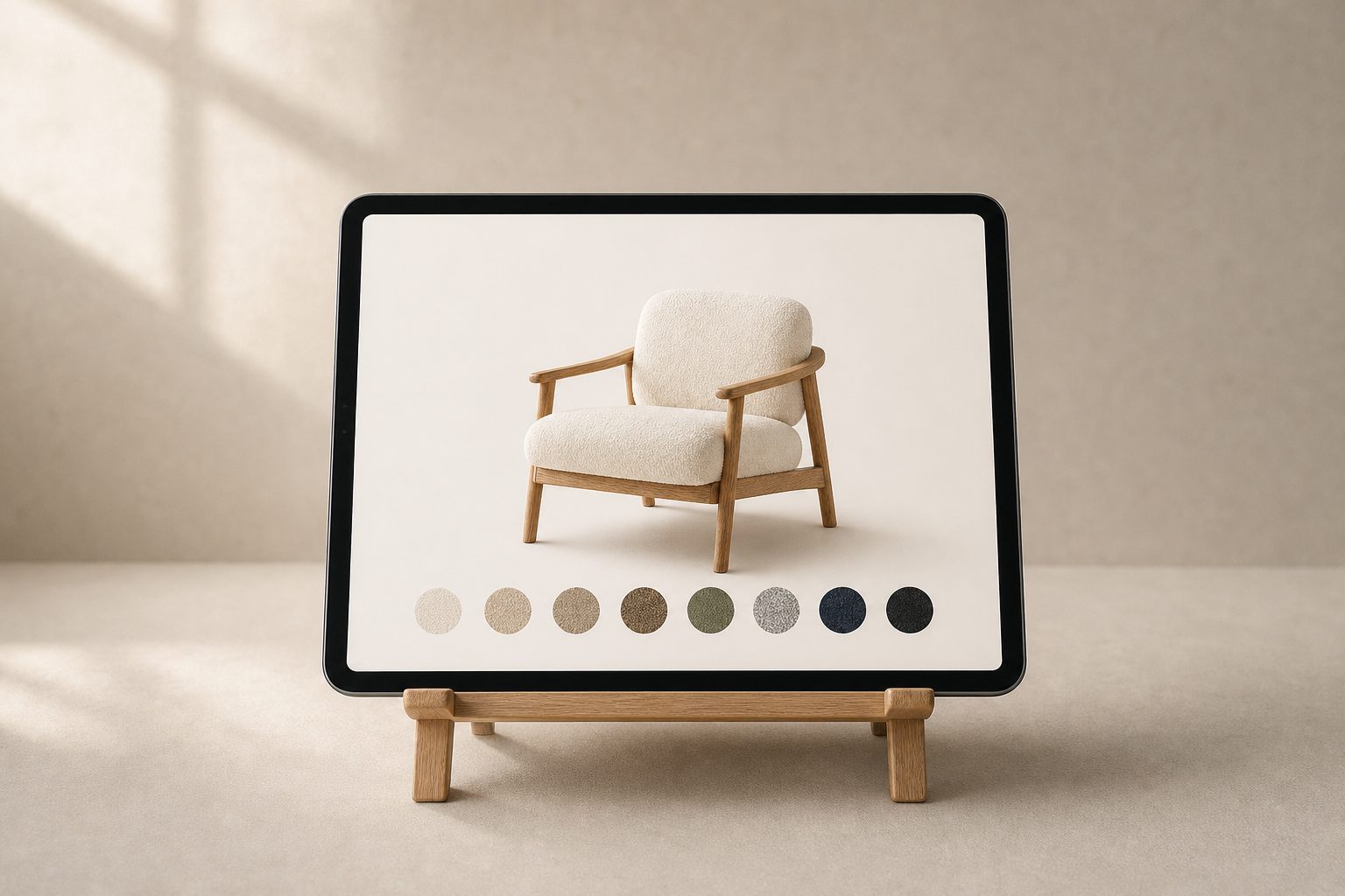 A lounge chair shown on a tablet with its fabric color options.