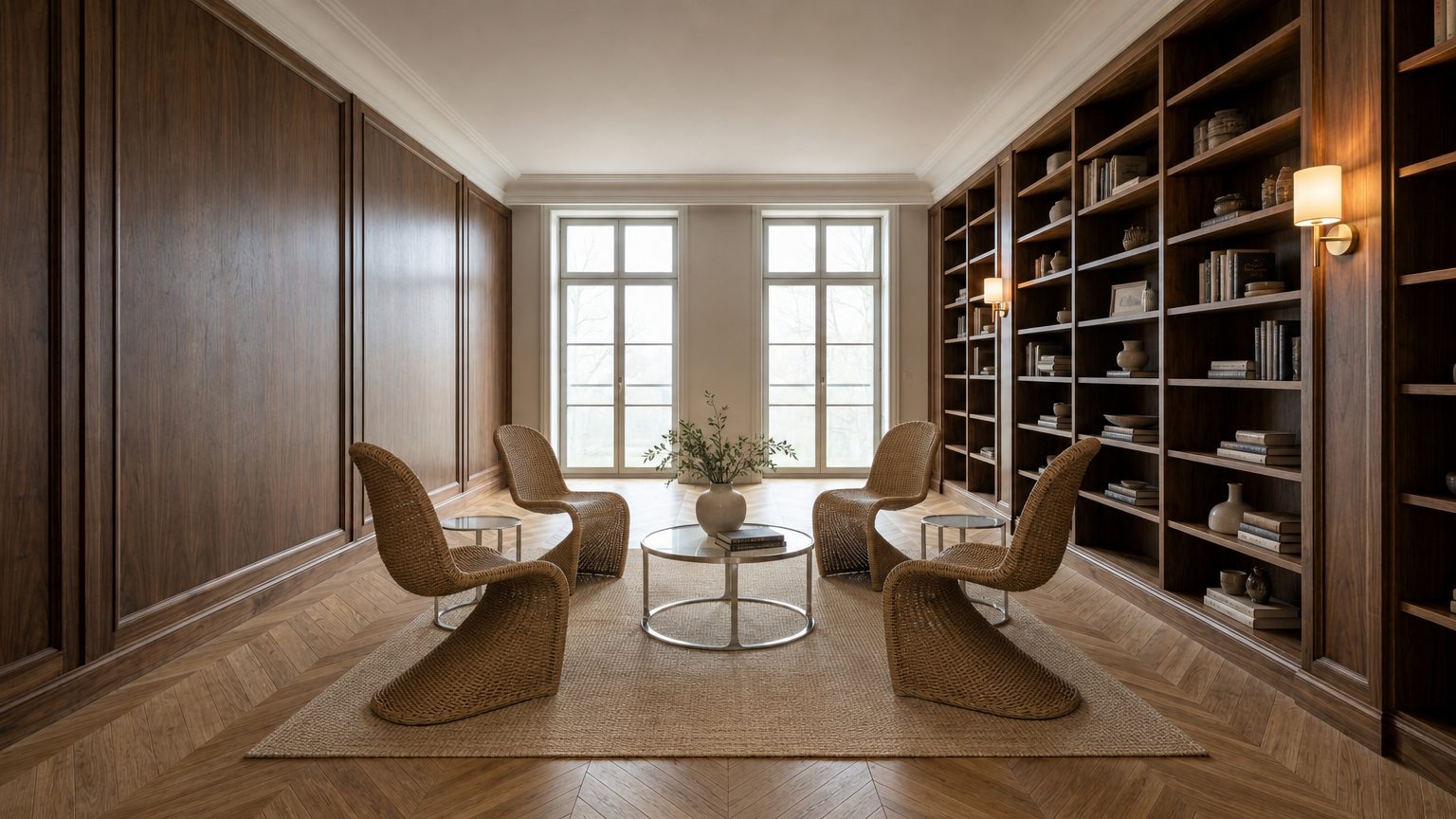 A wood-panelled library with wicker lounge chairs around a glass table