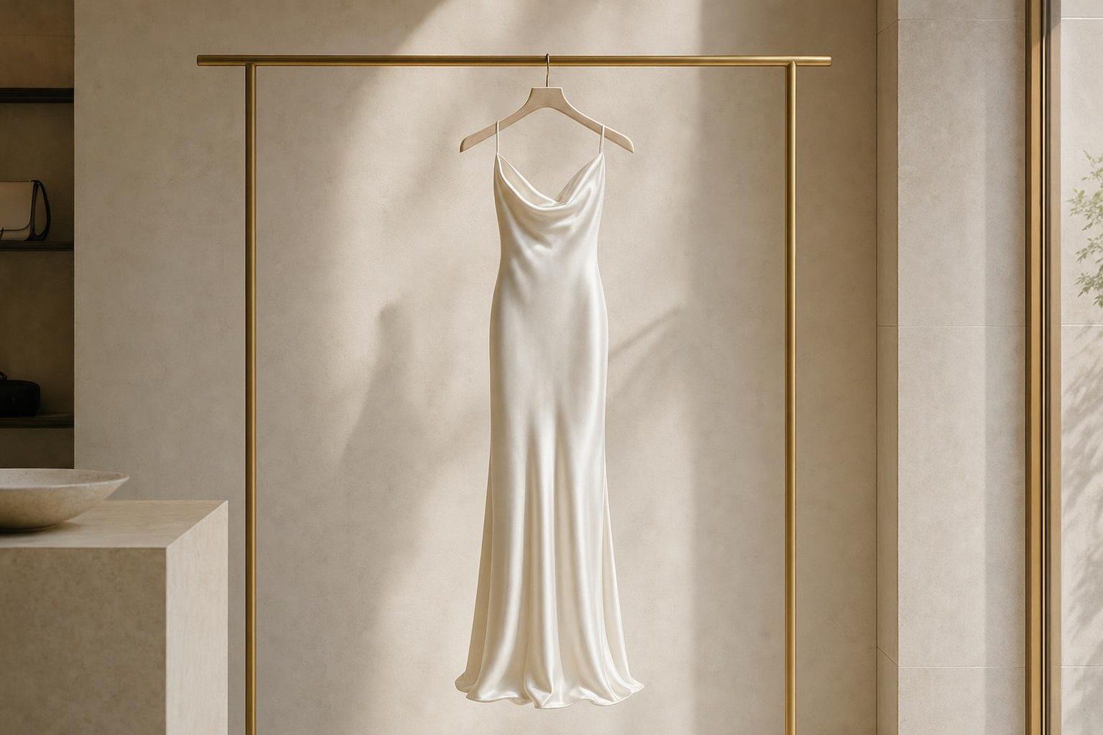A satin evening dress hanging on a brass rail in a calm dressing room