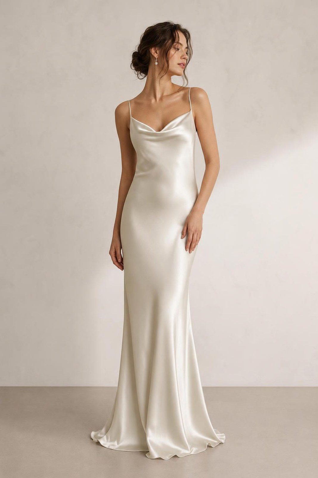 A model wearing the ivory satin evening dress