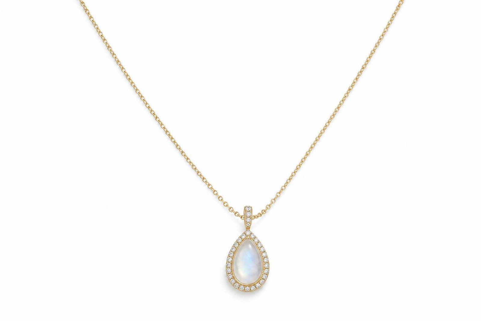 A teardrop pendant with a pale stone on a fine chain, shown in the selected metal