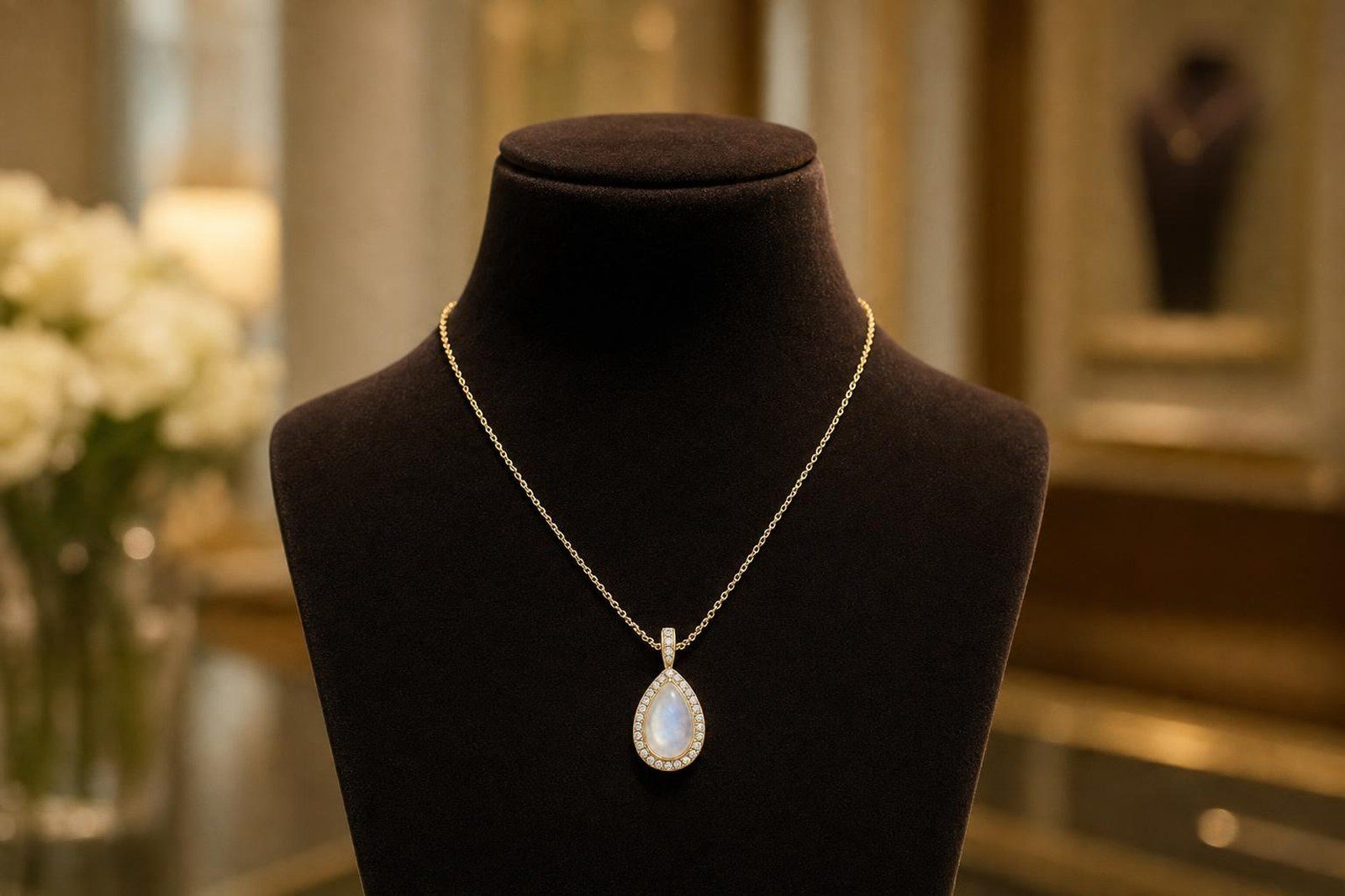 A gold teardrop pendant displayed on a dark velvet neck form