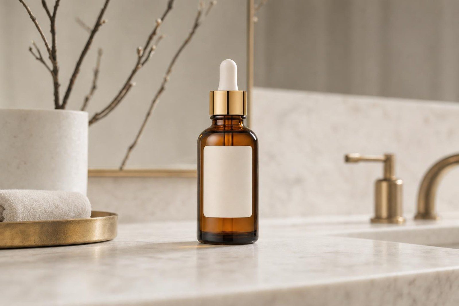 An amber dropper bottle on a marble bathroom counter