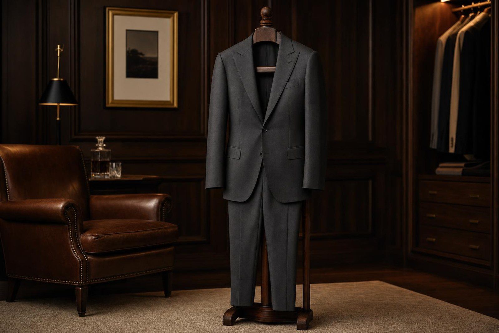 A frame from a lifestyle video: a suit on a valet stand in a dark wood dressing room