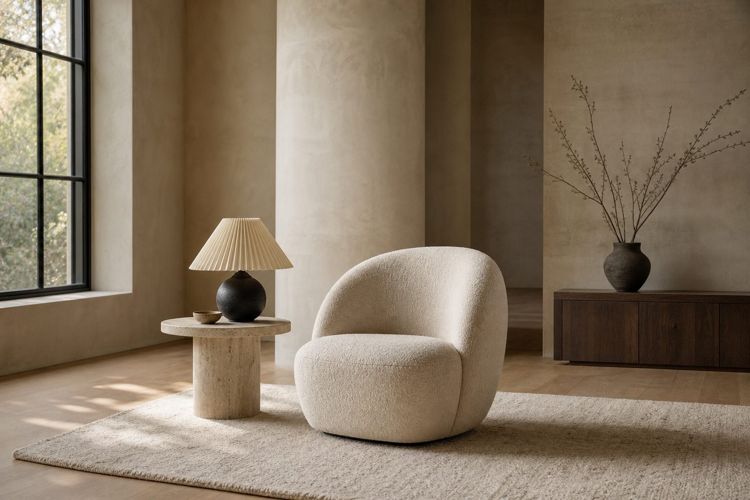 A bouclé swivel chair in a calm stone and oak living room.