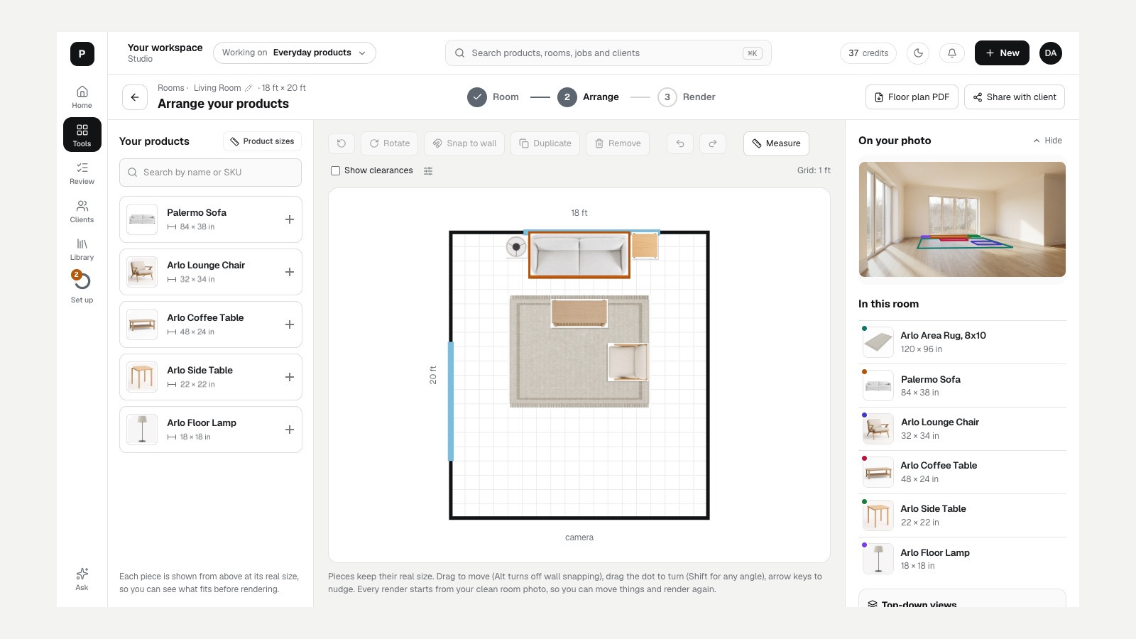 Room Planner: pieces on a floor plan