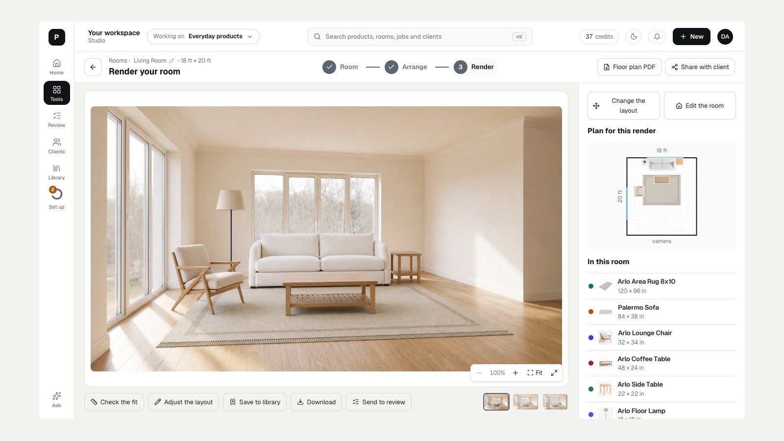 Room Planner: the rendered room beside its floor plan and pieces