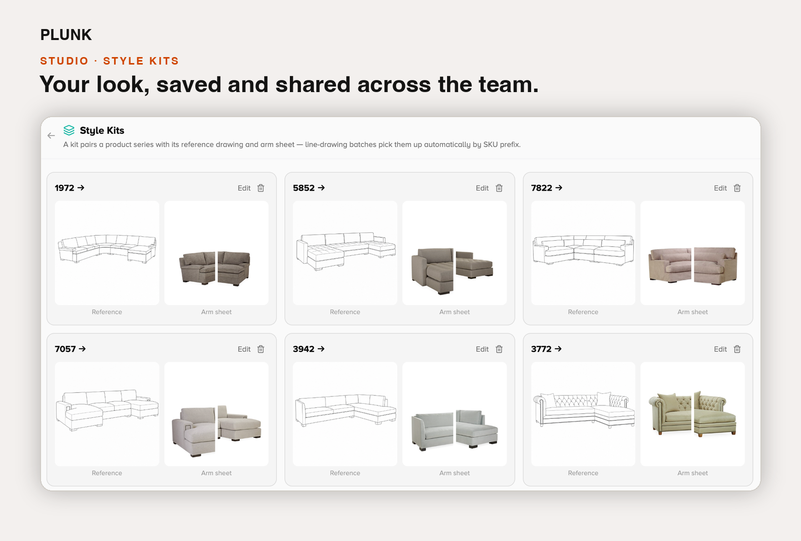 Style Kits: reference drawings paired with arm sheets per product series