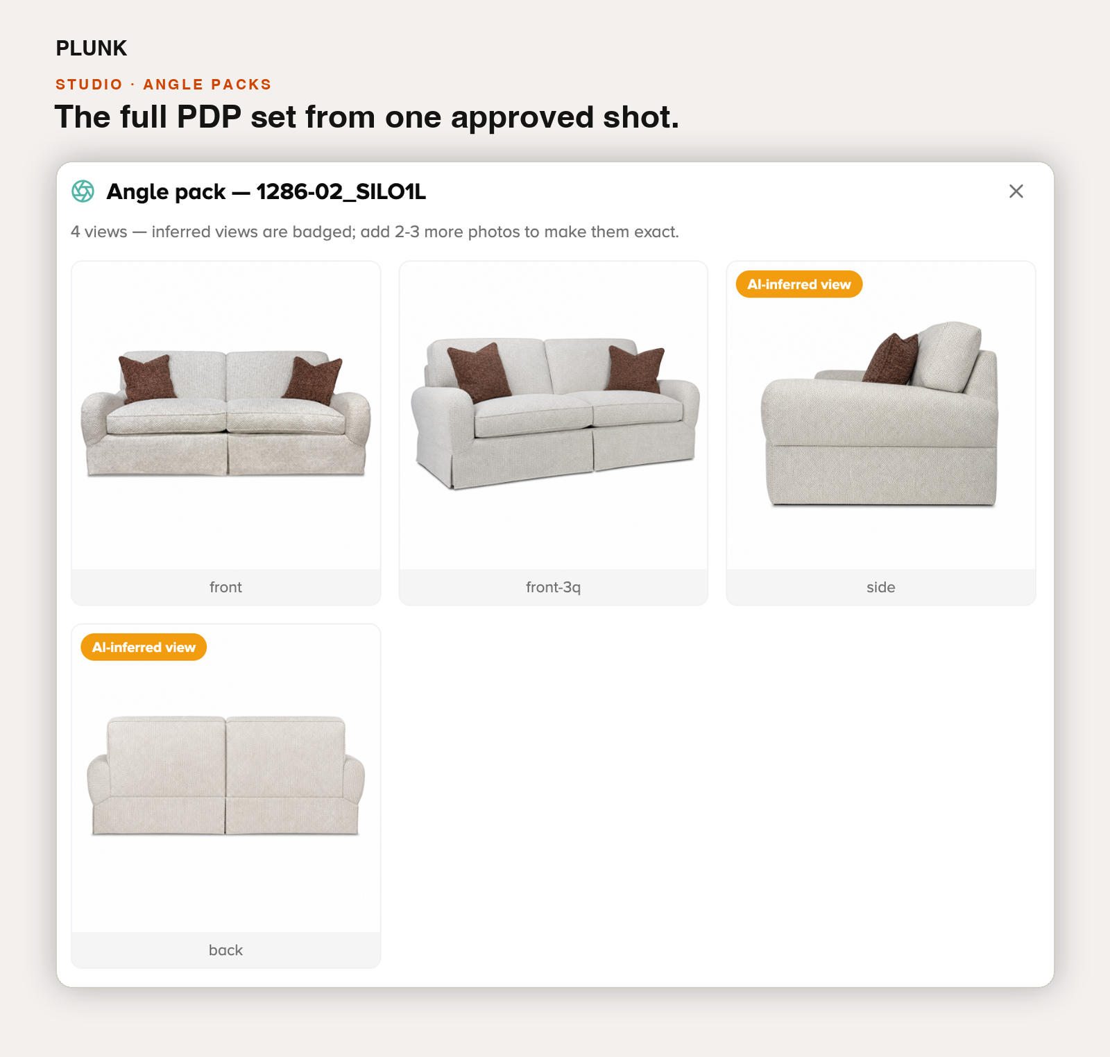 Angle pack: front, three-quarter, side and back views of one SKU