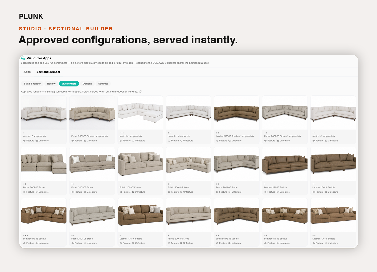 Sectional Builder: approved configurations serving instantly to shoppers