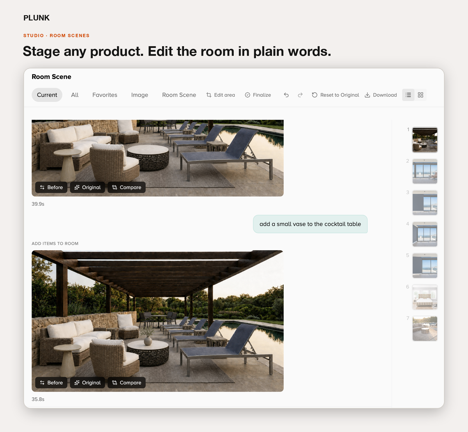 Room Scene workspace: staged poolside scene with conversational edits
