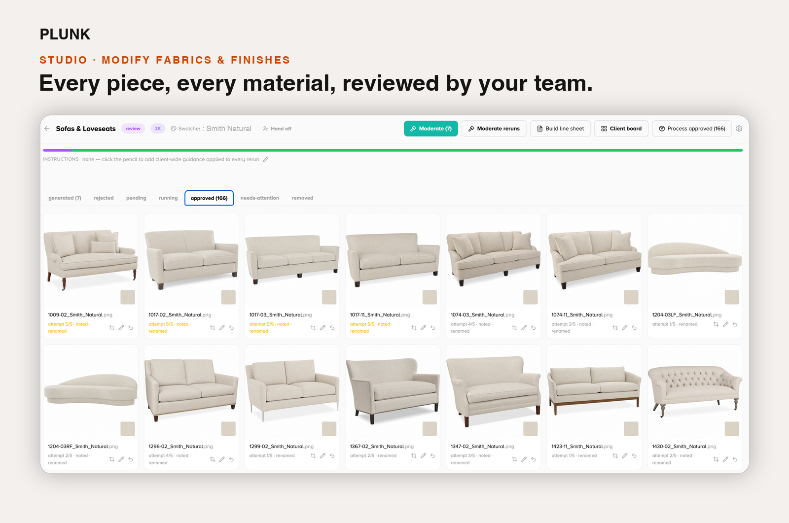 Fabric batch job: 166 approved renders in the review grid