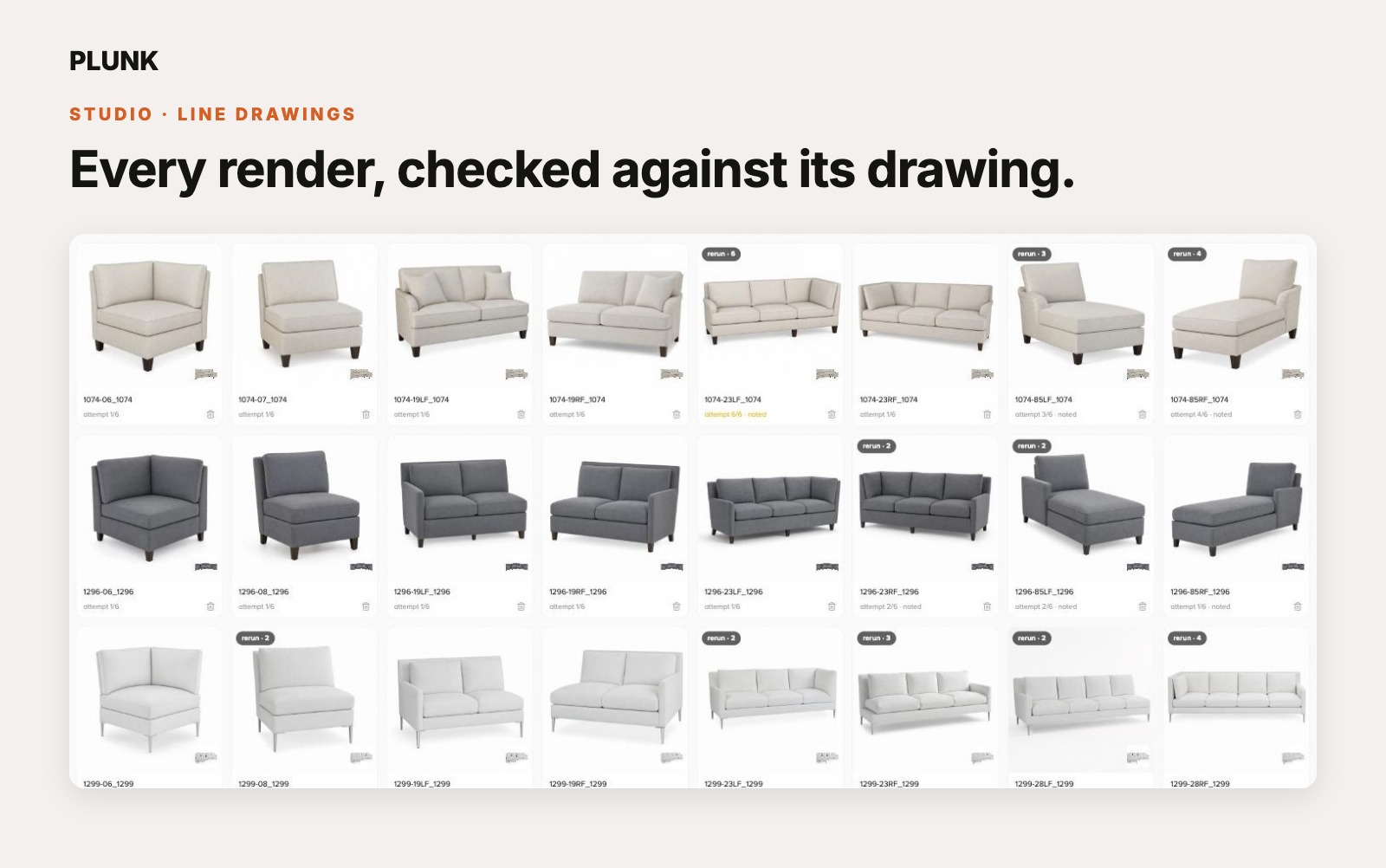 The review grid: hundreds of rendered drawings with their sources