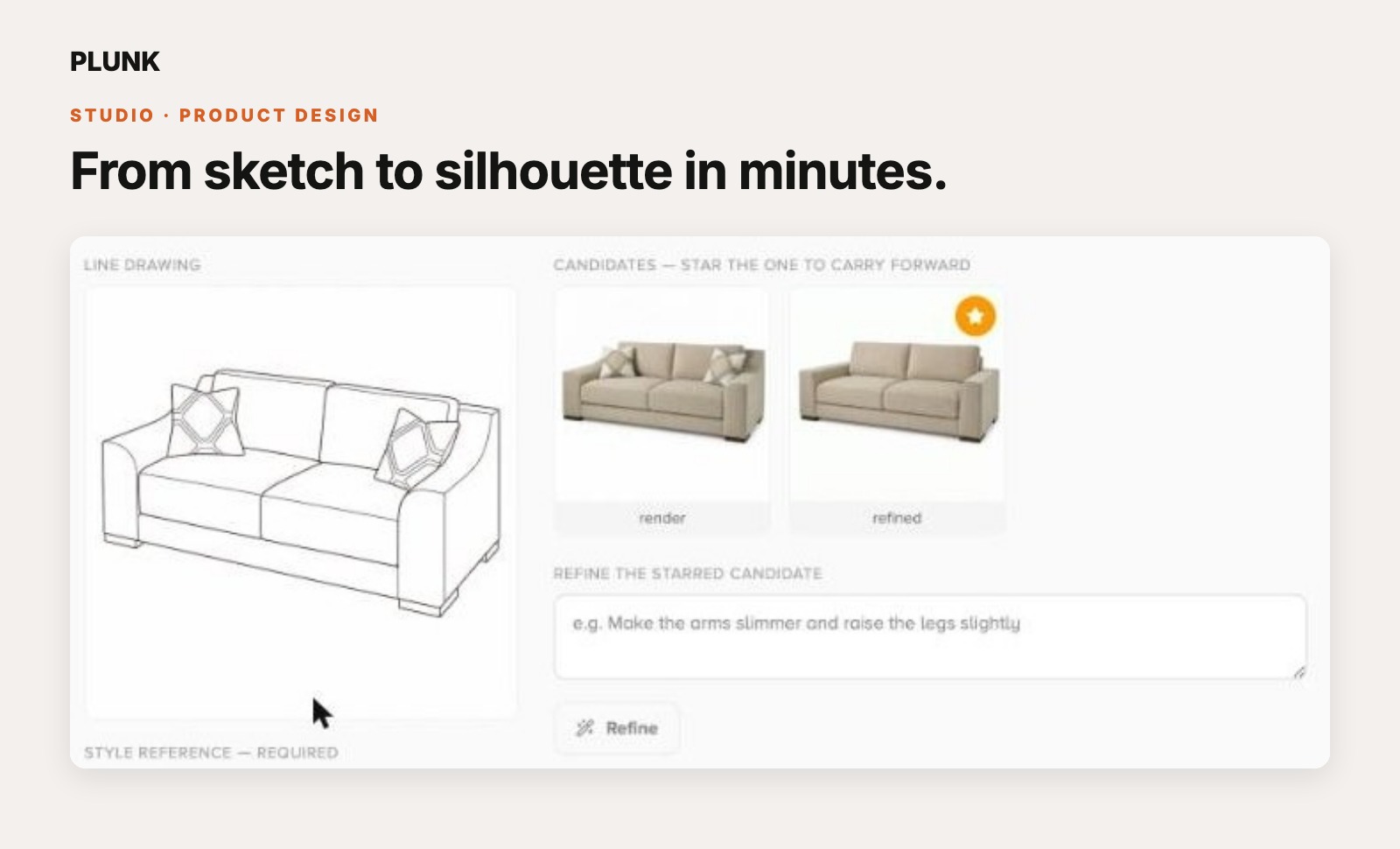 The concept step: line drawing, render candidates, and a refine instruction box