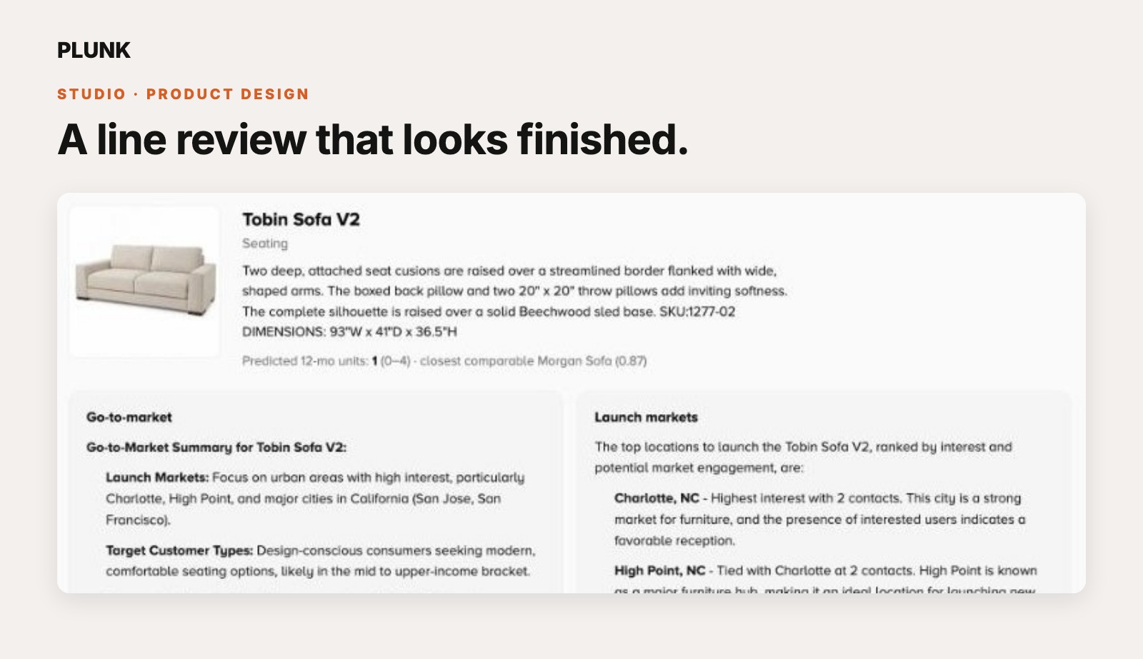 The concept's presentation sheet: hero image, spec, and go-to-market summary