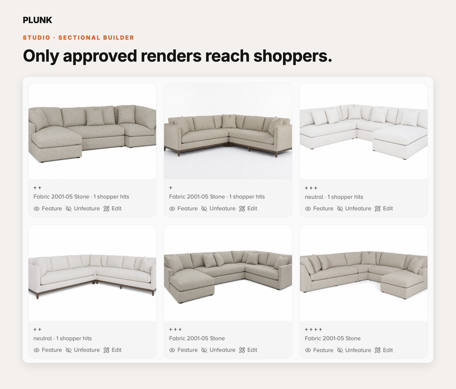 Approved sectional renders with fabric labels and shopper hits
