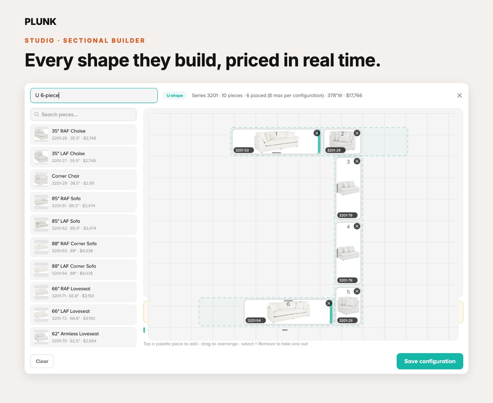 Building a U-shape 6-piece sectional on the plan grid, with per-piece pricing and live total