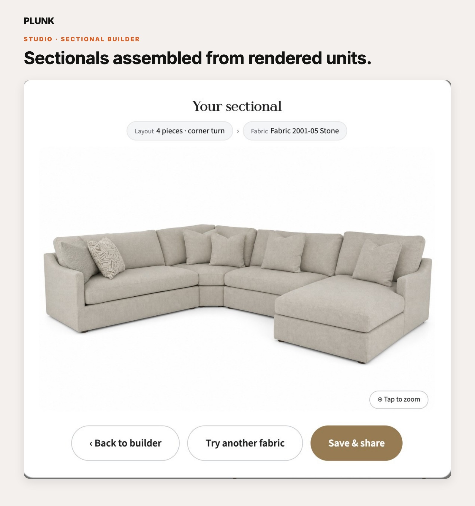 A sectional composed from rendered units in matching fabric